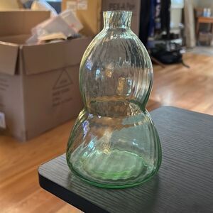 Hand Blown 1930’s Depression Green Glass‎ Swirled Design Bottle Vase. 6.5” Tall